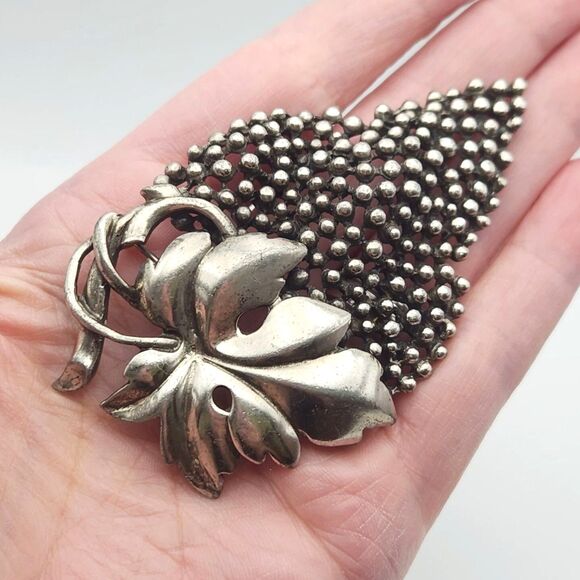 Mid Century Grape Cluster 3.5" Brooch Raised Bead Texture Oxidized Silver Tone - Picture 8 of 8